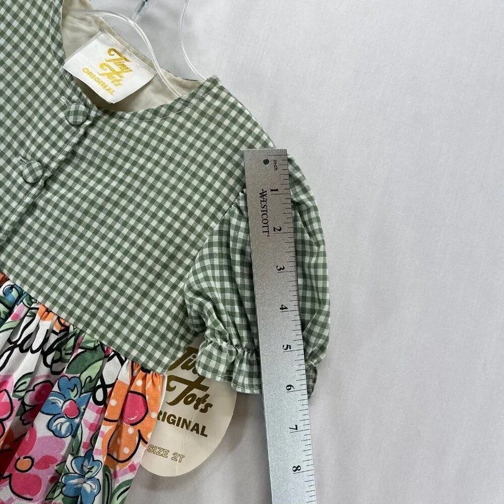 Tiny Tots Original Vintage Dress Girls Size 2T Gingham Floral Puff Sleeves Green - Picture 7 of 8